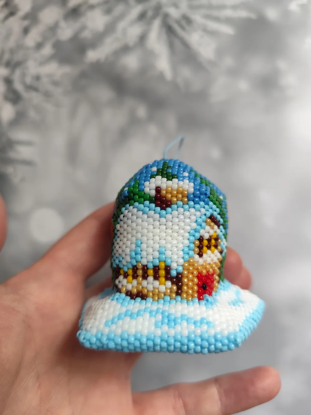 Handmade Blue Beaded Snowman Holiday Ornament